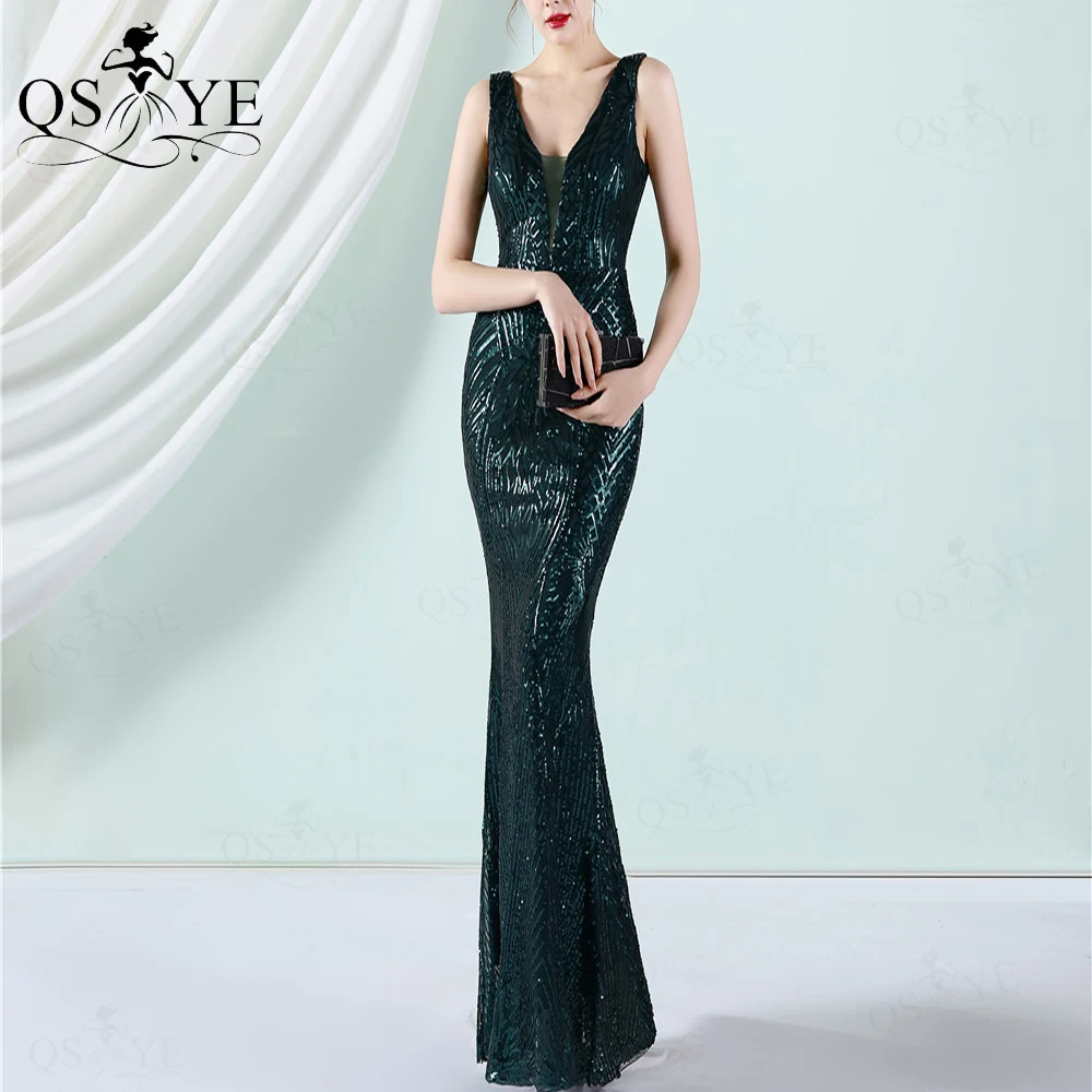 black formal gown Pattern Lace Black Evening Dresses Mermaid Sequin Prom Gown V neck Sleeveless Party Gown Open Low Back Fitted Black Formal Dress black evening dresses