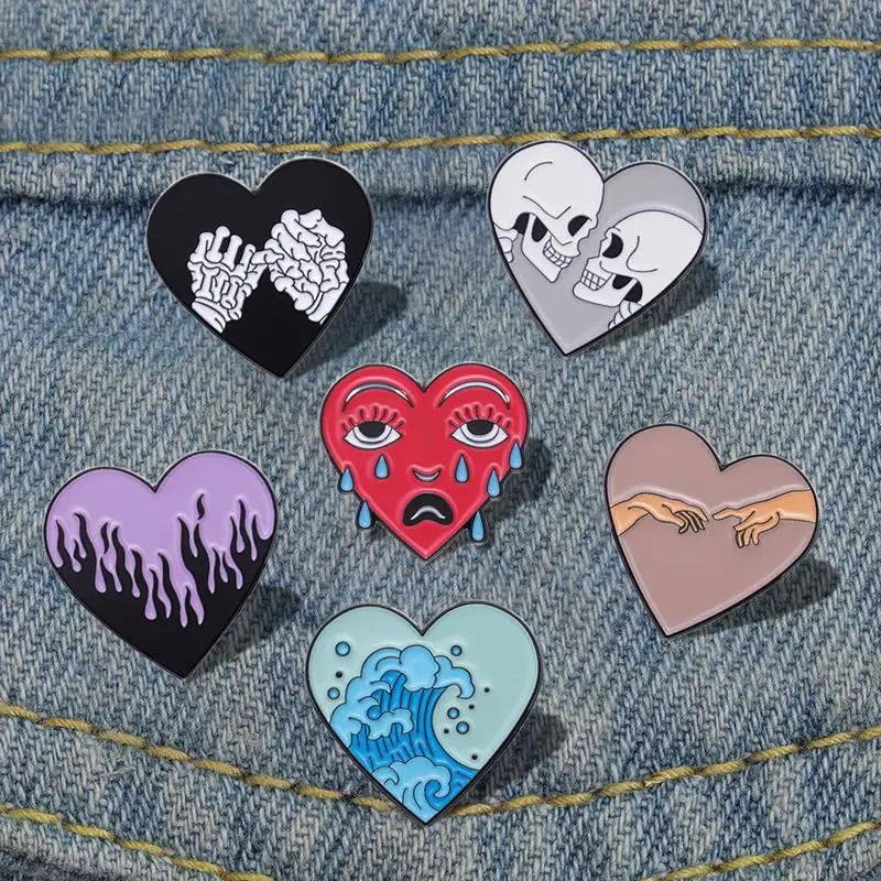 

Punk Heart Shape Enamel Pins Custom Skeleton Lovers Ocean Wave Tears Brooches Lapel Badges Funny Jewelry Gift for Kids Friends