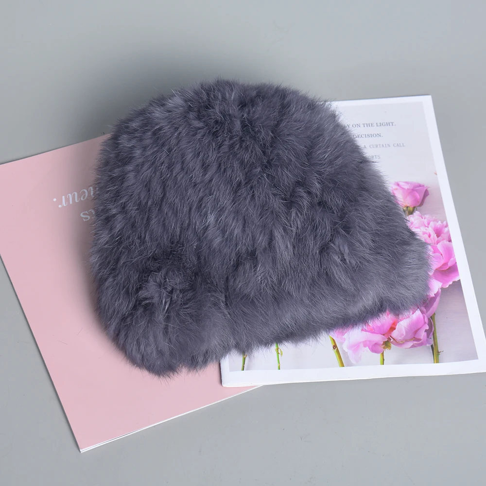 Fur Hat Winter Hat Russian Women Knitted Real Rabbit Fur Bomber Hats Winter Lady Warm Fluffy