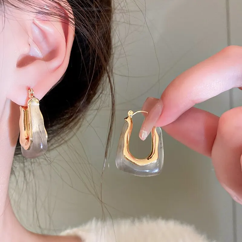 Green Pink Transparent Resin Earrings - Geometric Irregular Stud Earring
