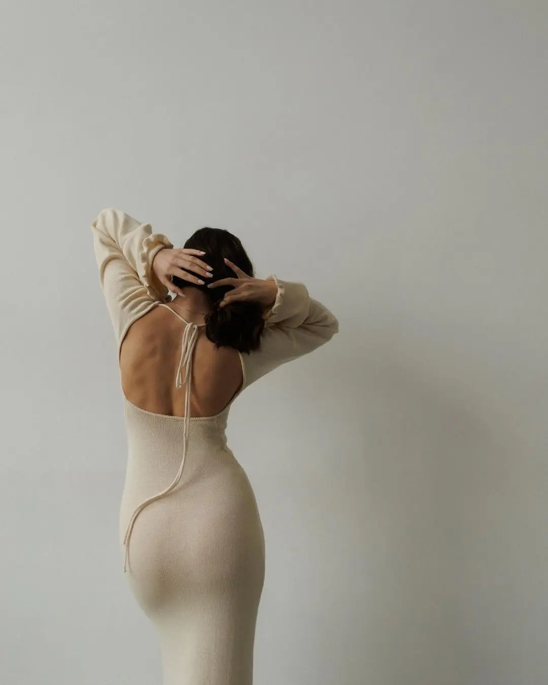 Ruffled Backless Knit Dress Solid Female Casual Lace-Up High Waist Long Sleeve Maxi Dress Knitwear Bandage Fashion Dress