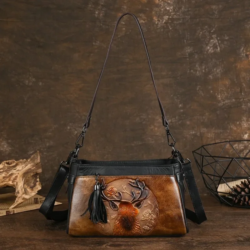 

Female Genuine Leather Clutch Purses 2024 Spring Retro Embossed Women Bag Hand Painted Versatile Cowhide Shoulder Crossbody Bags