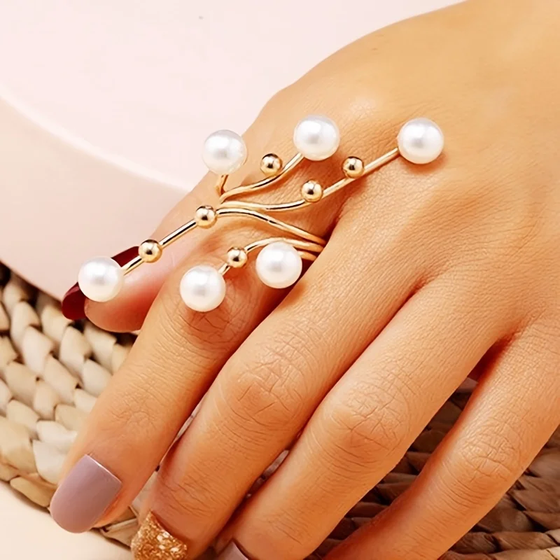 Elegant Golden Geometric Faux Pearl Ring, Exaggerated Index Finger Ring, Fashion Jewelry