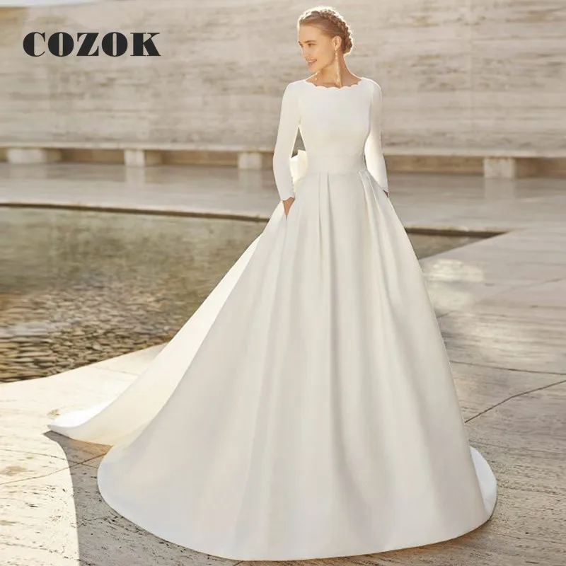 

Атласное простое свадебное платье с длинным рукавом 2023, элегантное ТРАПЕЦИЕВИДНОЕ ПЛАТЬЕ С глубоким круглым вырезом, поясом и бантом, с открытой спиной, Robe De Mariee Custom YW92