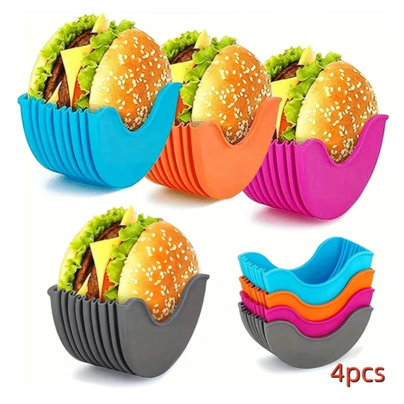 Hamburger Holders 4pcs Retractable Hamburger Holders Hamburger Fixed Box Sandwich Burger Clip Rack Washable Silicone French Fry Sauce