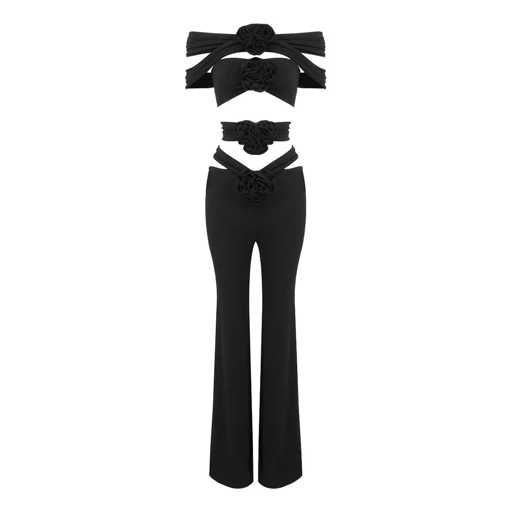 

Women's Sets Rose-Embroidered Bodysuit and Leggings Set - Strapless Bodysuit with Roses and Fitted Leggings