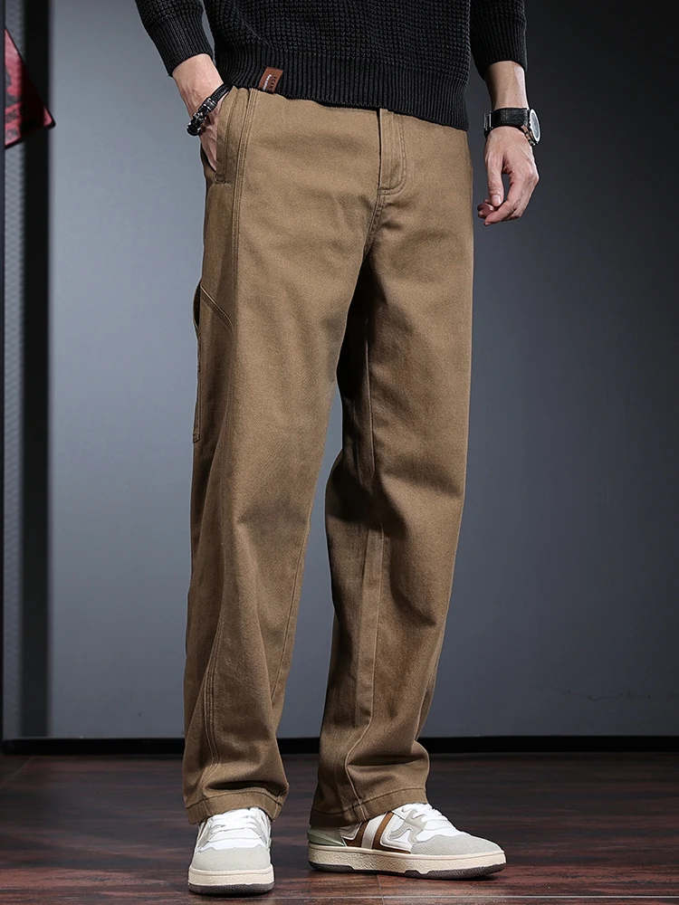Khaki Cotton Baggy Straight Pants Men Autumn Korean Style Outdoor Casual Elastic Waist Loose Trousers