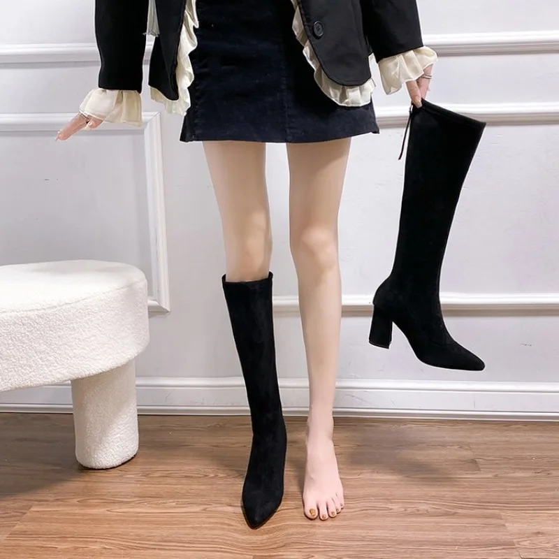 

Women Suede Knee Boots Ladies Solid Pointed Toe Tall Boots Retro Roman High Heels Shoes Long Boots Women's 2023 Autumn Winter