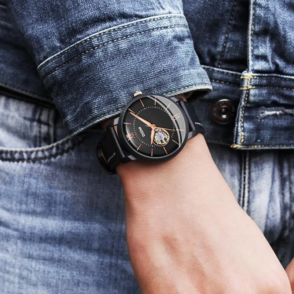 DOM Brand New Mens Fashion Watches Automatic Mechanical Watch Tourbillon Clock Genuine Leather Waterproof Business Wristwatch