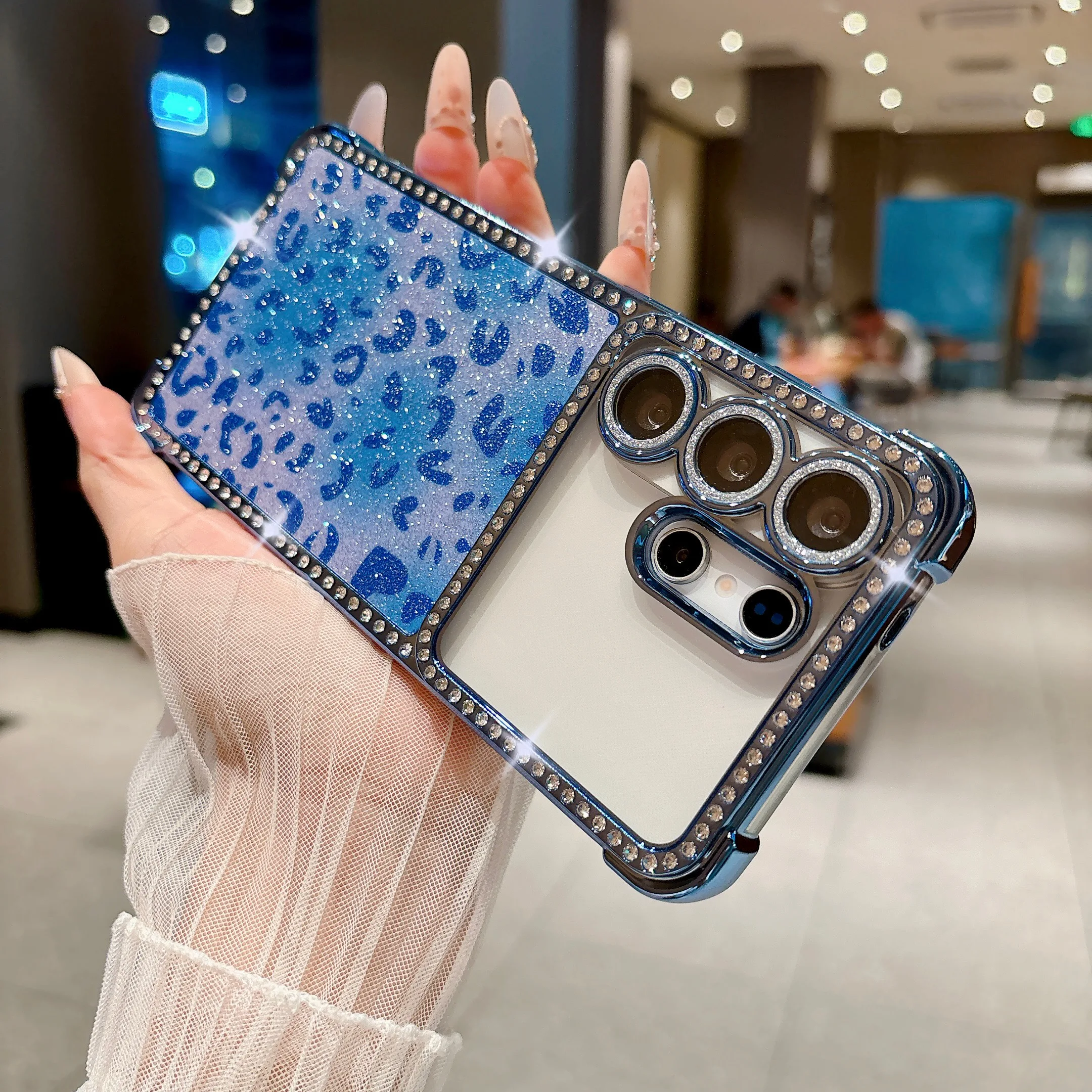 Glitter Diamond Leopard Print Phone Case with Lens Protection and Plating Shockproof Cover