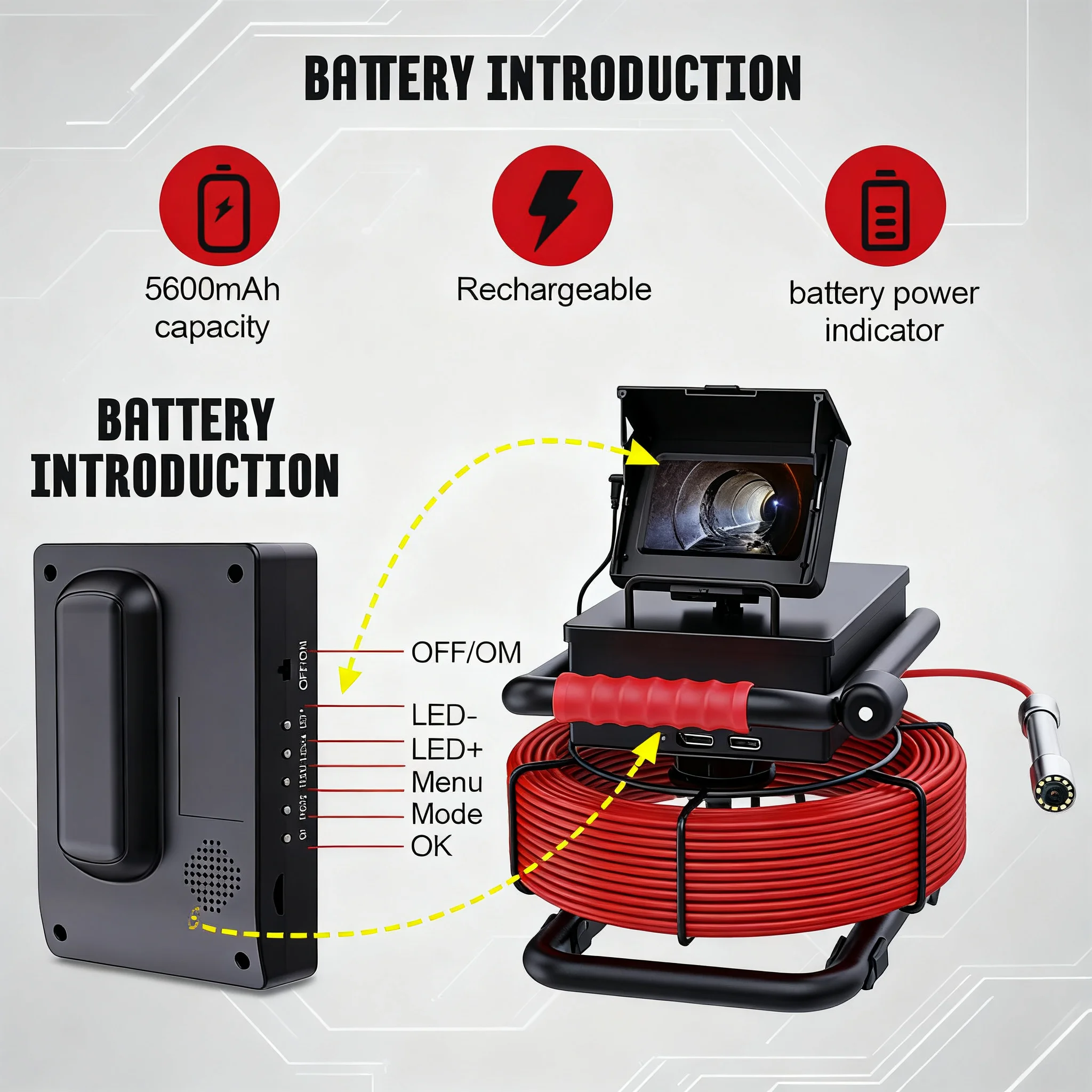 Sewer Inspection Camera - 512Hz Self-Leveling with 5600mAh Battery, IP68 Waterproof Endoscope Camera with 16GB TF Card 4