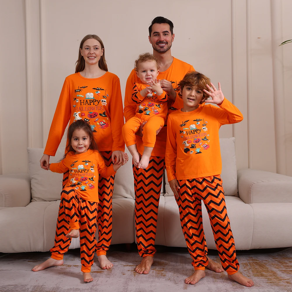 Happy Halloween Family Clothes Cartoon Print Parent-child Matching Pajamas Set 2 Pcs Suit Baby Romper Soft Sleepwear Family Look