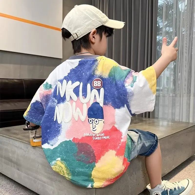 2024 Boys T-shirt High Quality Kids Clothes Summer Cartoon Graffiti Printed Tees Short Sleeve Children Tops Trendy New Styles