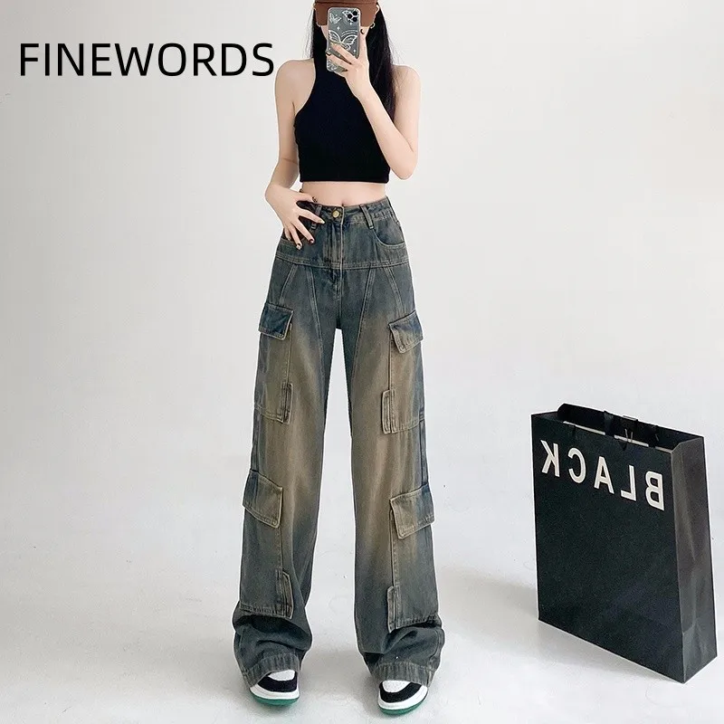 

Джинсы FINEWORDS y2k с высокой талией и несколькими карманами, повседневные винтажные широкие мешковатые джинсы с эффектом потертости, Длинные уличные джинсовые брюки