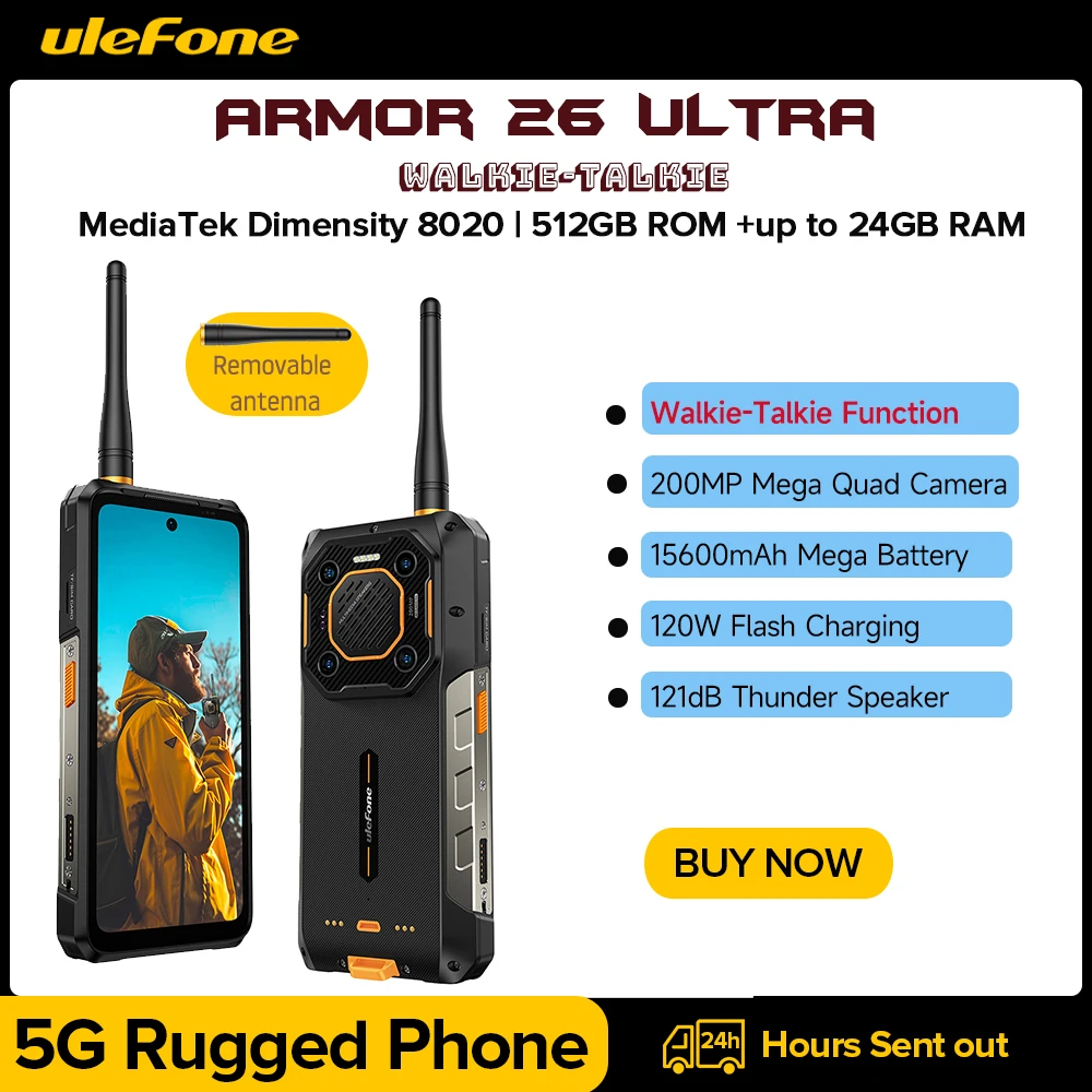 Ulefone Armor 26 Ultra Walkie Talkie 5G Rugged Waterproof Smartphone 120W 15600mAh 200MP+64MP +50MP NFC RAM Up to 24GB+ ROM512GB