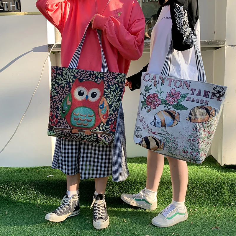 

Canvas Tote Shoulder Bag Cartoon All-match Casual Shopping Handbag Women Ins Reusable Folding Harajuku Storage Beach Bag