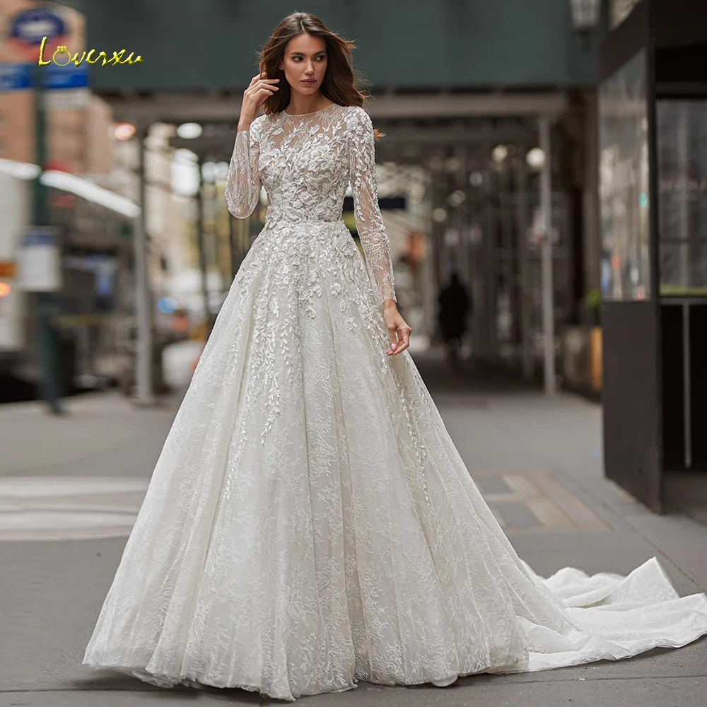 

Loverxu A-Line Mondern Wedding Dresses 2024 O-Neck Long Sleeve Vestido De Novia Lace Appliques Beaded Vintage Robe De Mariee