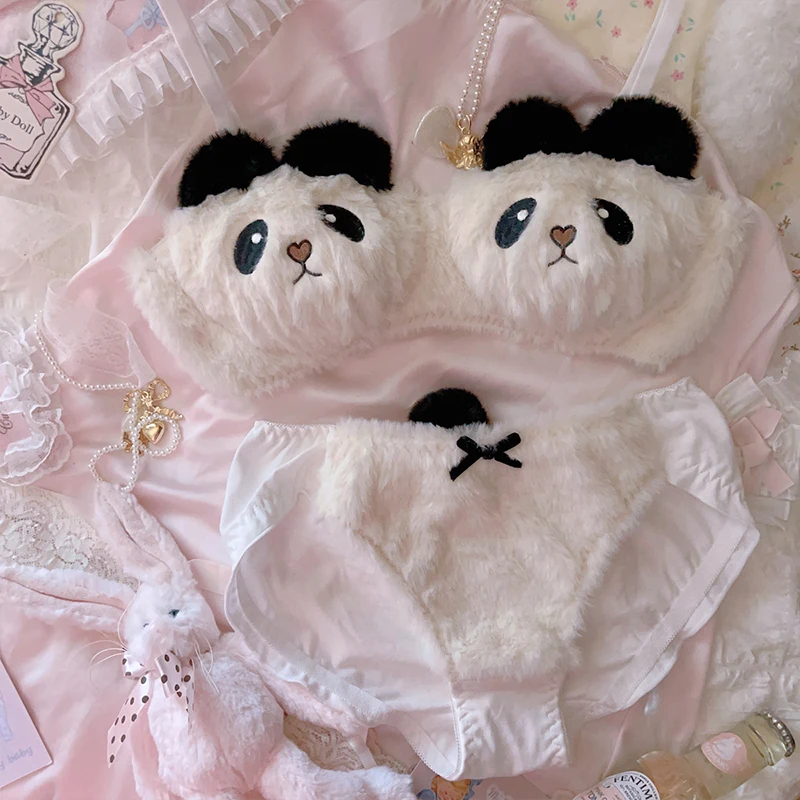 

Sexy Young Girl Women's Cute Panda Underwear Set Sweet Lolita Bow Plush Trim Bra & Panties Sets Cotton Lingerie Set Push Up Bra