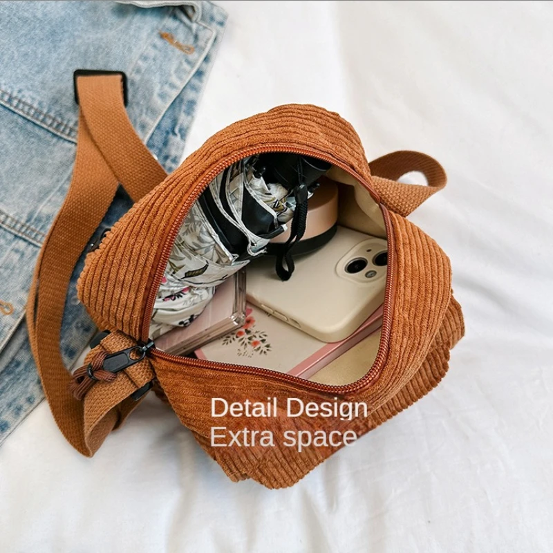 High Quality Solid Shoulder Bag Niche Design Trend Crossbody Bag Vintage Sense Ear of Wheat Corduroy Bag Commuting Portable