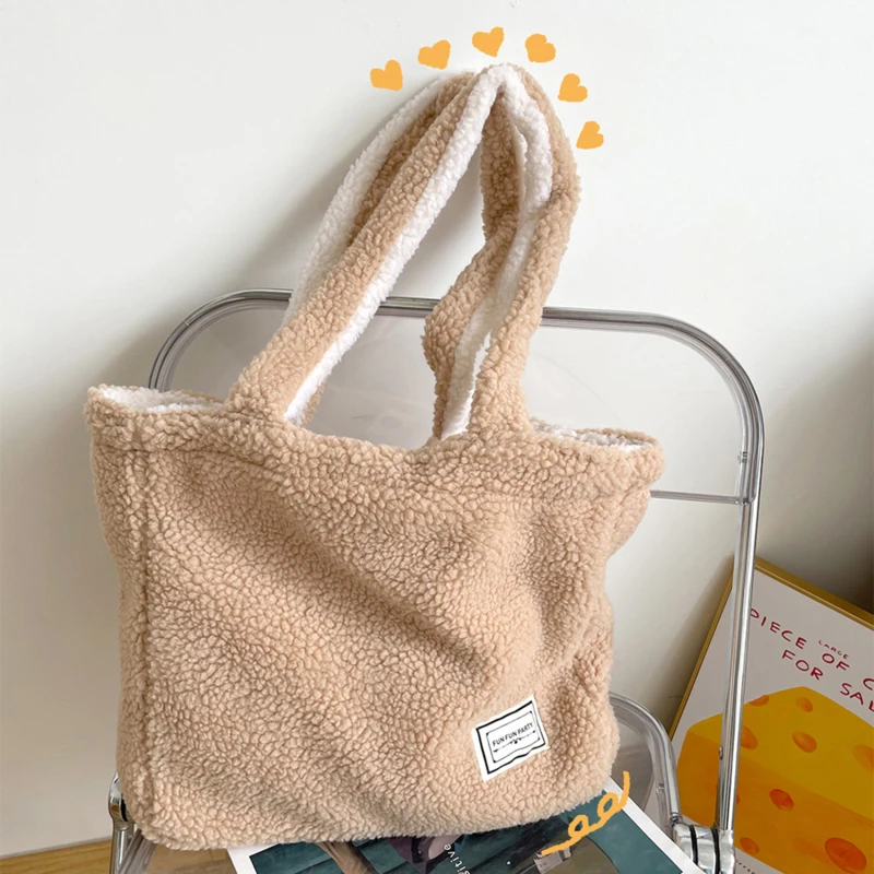 

Handbag Women's Plush Shoulder Bags Two Side Available Designer Tote Bags Girls Ladies Shopper Bag Bookbag Purse