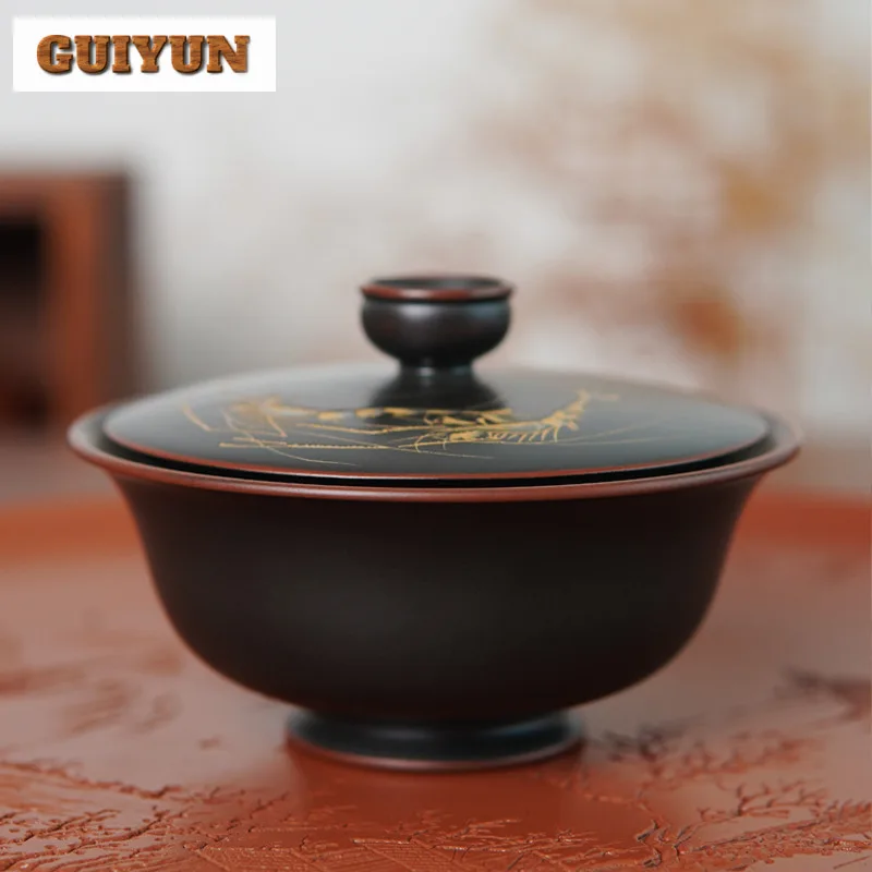 100ml Qinzhou Nixing Pottery Gaiwan Master Handmade Shrimp Play Tea Tureen Stone Carving Cover Bowl Full Hole Filter Lid Tea Set