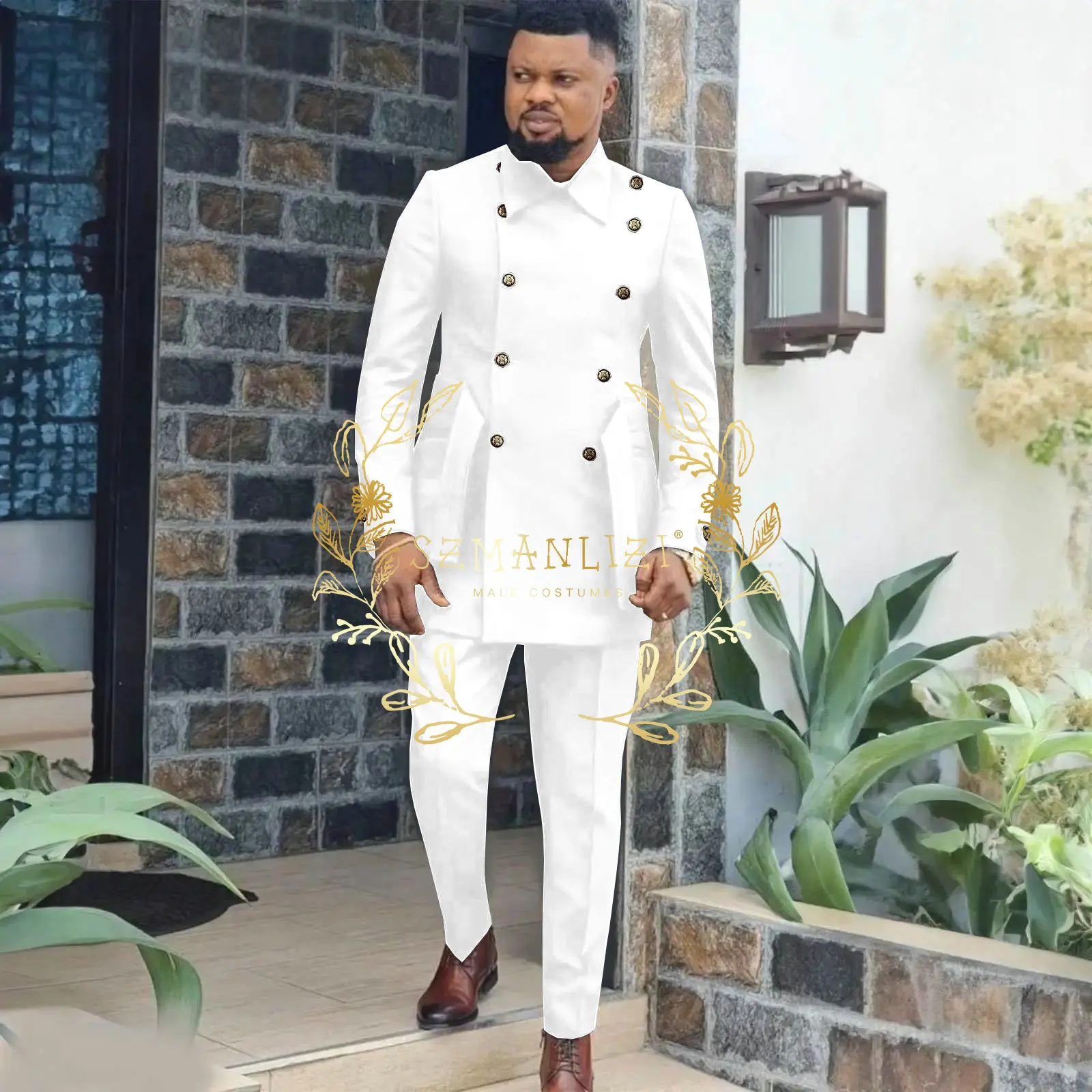 Costume pour hommes de Style affrican 2 pièces bleu Royal Double boutonnage Blazer de mariage pantalon ceinture