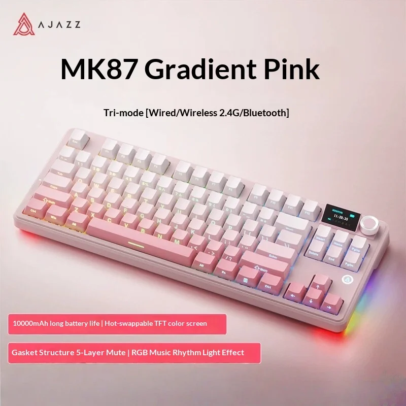 Ajazz Mk87 기계식 키보드 무선 블루투스 게이밍 오피스 컴퓨터 핫 스왑 스크린 유선 옵션 포함 데스크탑 노트북용