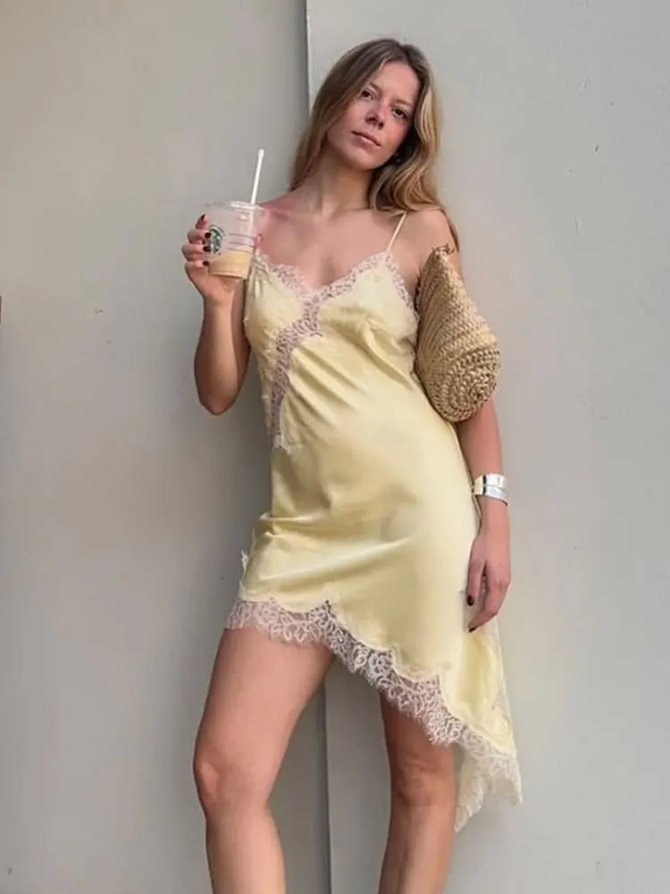 HH Women Fashion Yellow Lace Dress Asymmetry Hem Backless V Neck Sleeveless Dresses Sexy Lady Evening Party Club Mini Dress