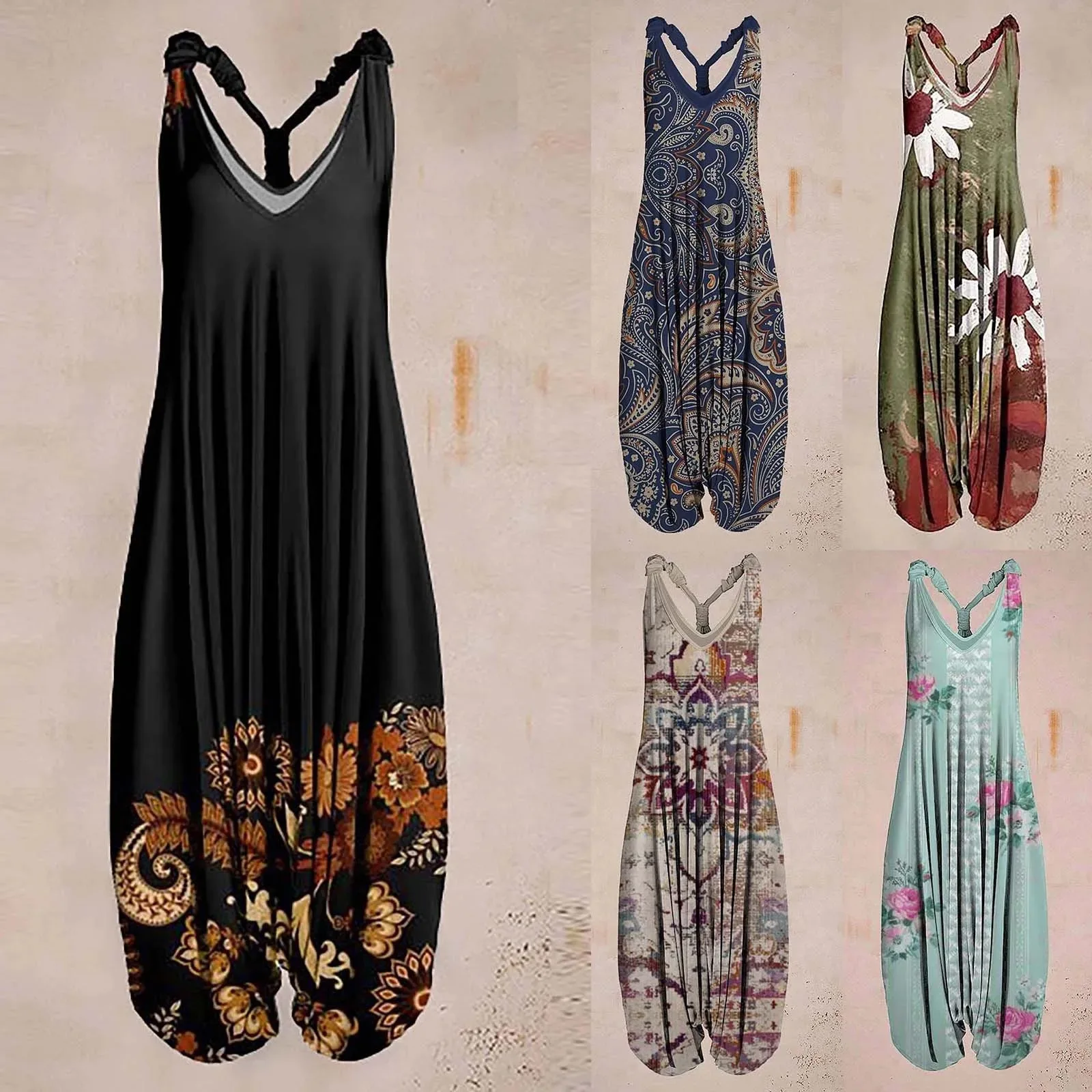 

Женский комбинезон в этническом стиле, длинный комбинезон без рукавов, на бретельках, с широкими штанинами, повседневный комбинезон, 2023