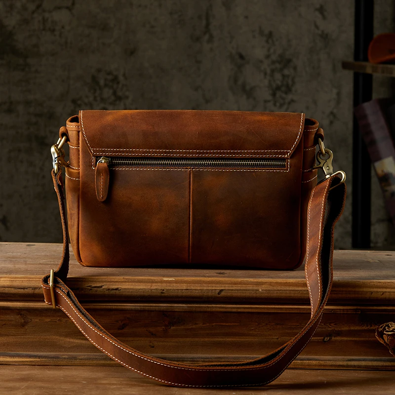Men's Genuine Crazy Horse Leather Shoulder Bag Women's Vintage Cowhide Leather Cross body Bags Handmade Small Messenger Handbag