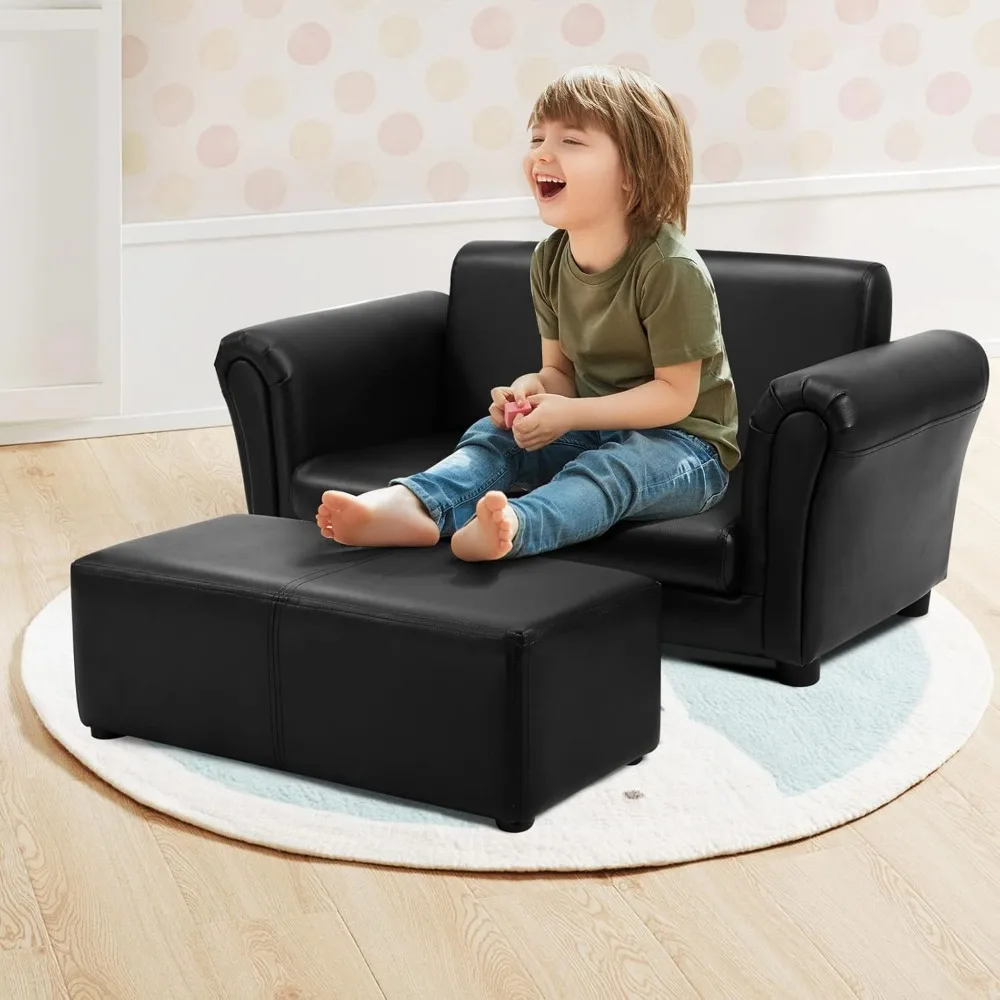 Kids Sofa, 2 Seat Toddler Couch Lounge Bed with Ottoman, Sturdy Wood Construction, Children PU Leather Upholstered Loveseat 2