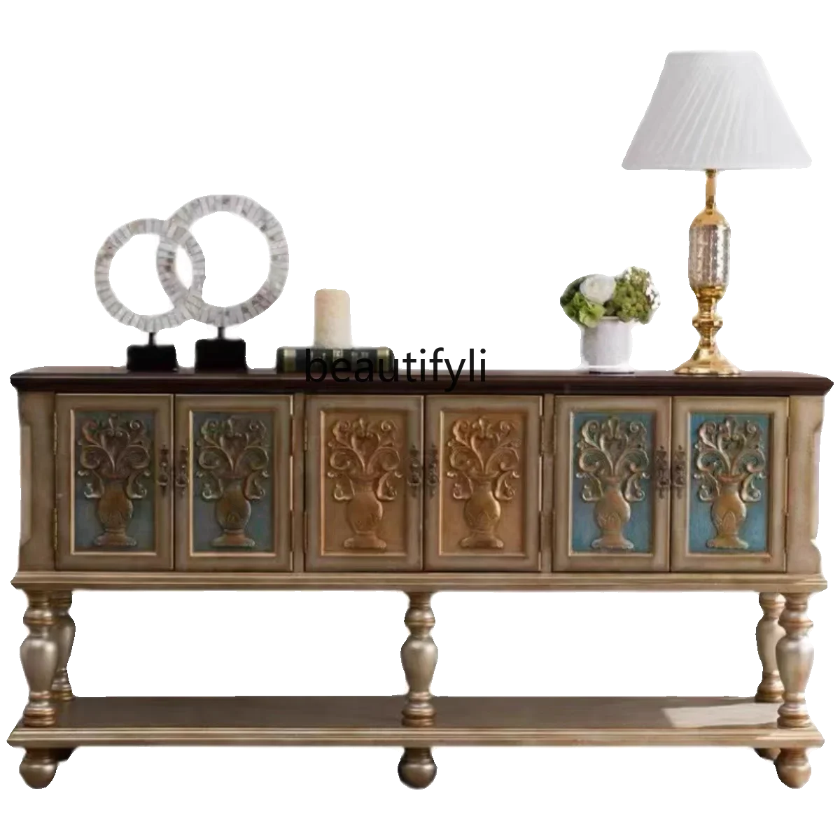 

American Style Console Retro Entrance Cabinet Living Room Hallway Locker Curio Cabinet Solid Wood Sideboard Cupboard