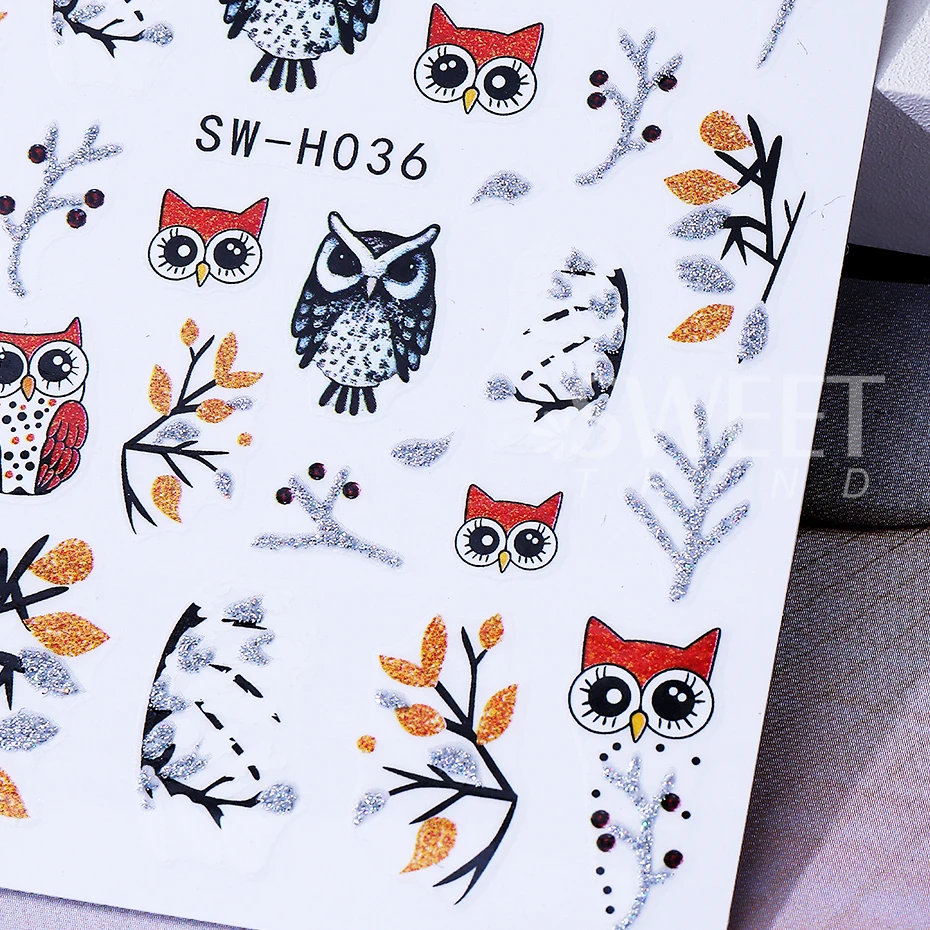 2pcs Owl Design Nails Stickers Silver Glitter Leaves Line Owl 3D Self-Adhesive Nail Decals DIY Autumn Winter Manicure Decoration