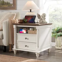 24'' Farmhouse End Table w/4 Solid Wood Feet, Large 2 Drawers Wide Sofa Side Table with Charging Station, Tall Rustic Wood 1