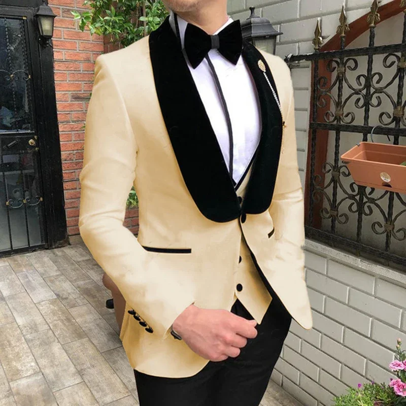 

Champagne Black Shawl Lapel Wedding Suit For Men Terno Slim Fit Groom Custom 3 Pcs Man Suit Masculino Blazer