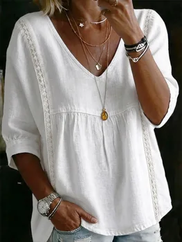 2026 Women's Cross-Border New Fashion Lace V-Neck Pullover Solid Color Casual Three-Quarter Sleeve Blouse 1