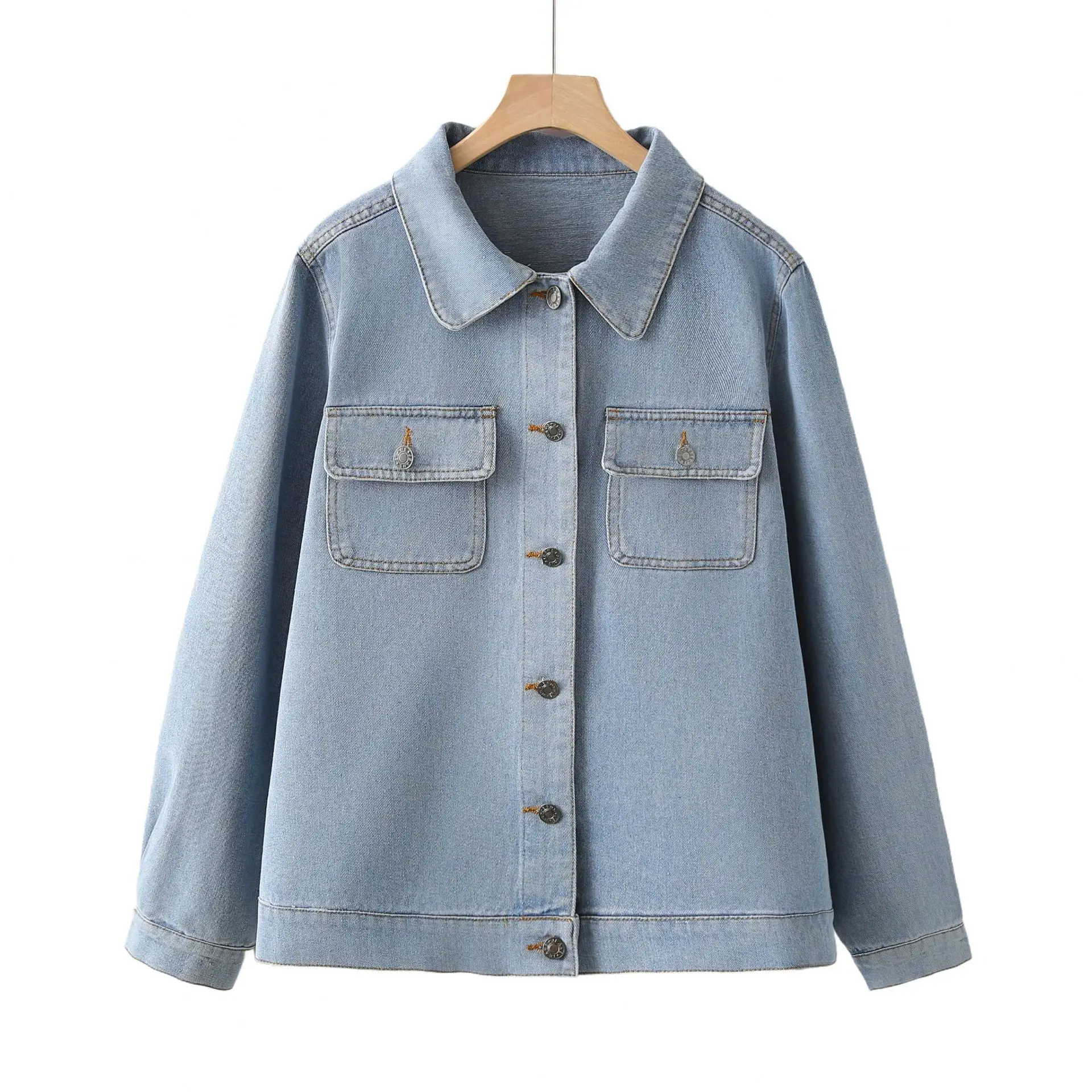 Fashion Plus Size Women's Denim Jacket Autumn New Style Simple Light Blue Retro Coat 2527