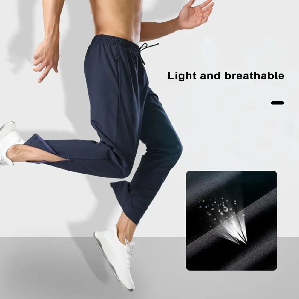 

Men Sports Pants Ice Silk Quick Dry Solid Color Elastic Waist Soft Loose Pockets Stretchy Breathable Jogging Gym Long Trousers