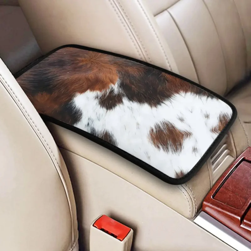 

Scottish Highland Cow Cowhide Texture Center Console Pad Box Animal Hide Leather Print Car Armrest Cover Mat Interior Cushion