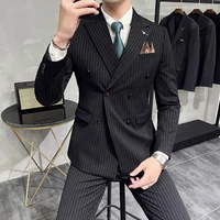 M-7XL ( Blazer + Pants ) Luxury Classic Striped Men's Official Office Casual Business Double -breasted Suit Groom Wedding Gown 1