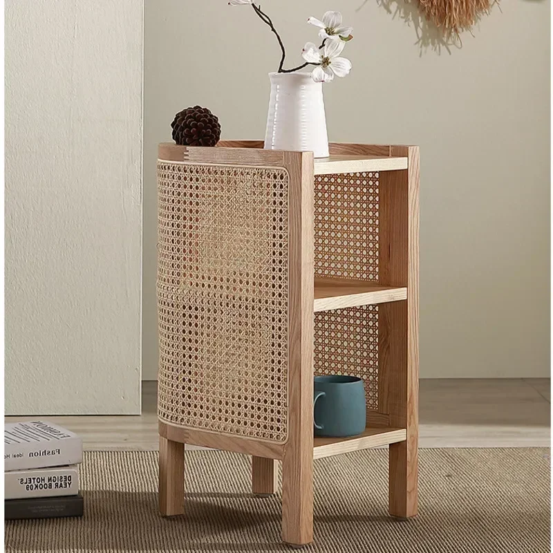 Japanese Bedside Table Rattan Woven Wood Bedroom Furniture Double-layer Structure Nightstand Table Versatile Scene Side