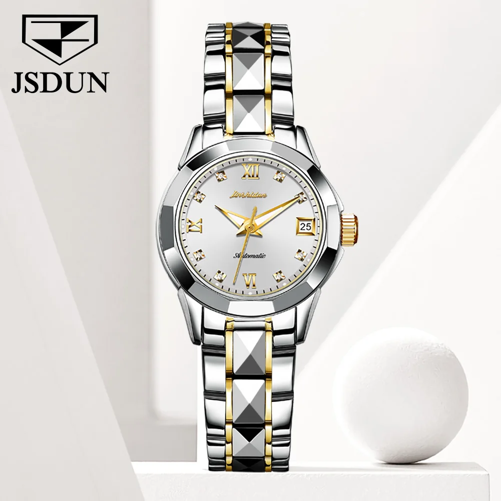 JSUDN Original Mechanical Wristwach for Women Luxury Tungsten Steel Strap Sapphire Mirror 5Bar Waterproof Ladies Dress Watches