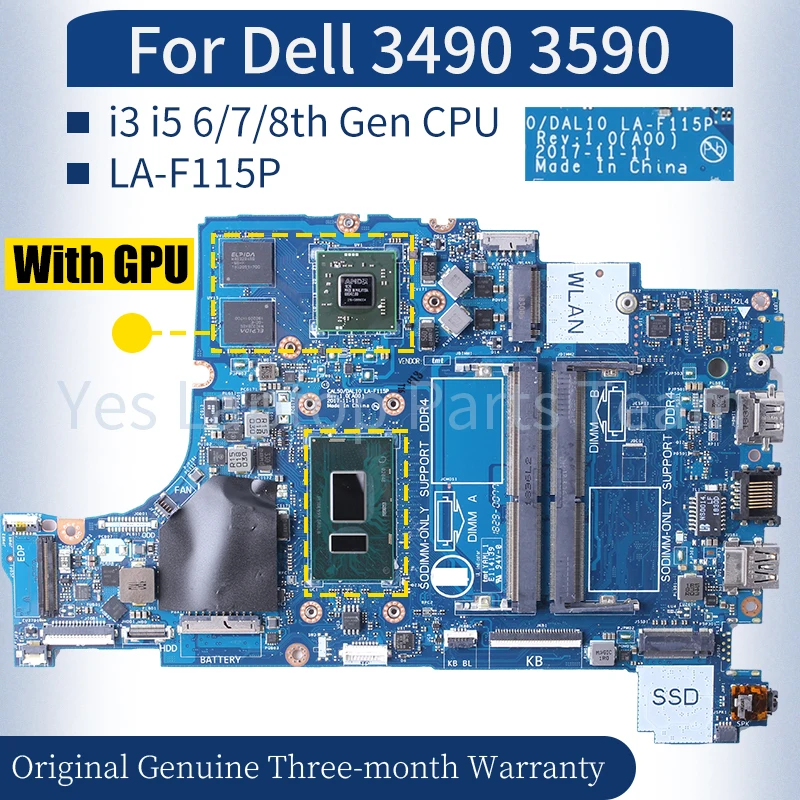 

For Dell 3490 3590 Laptop Mainboard LA-F115P 0F093X 0K6KNT 0P6JPD 09XJTY 0Y8YF0 0N7Y27 i3 i5 6/7/8th Gen Notebook Motherboard