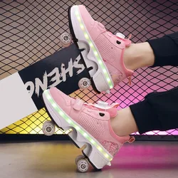 Roller Sneakers For Kids Boys With LED Light 4 Wheels Light Up With Double Wheels USB Charging Skate Shoes For Children Girls
