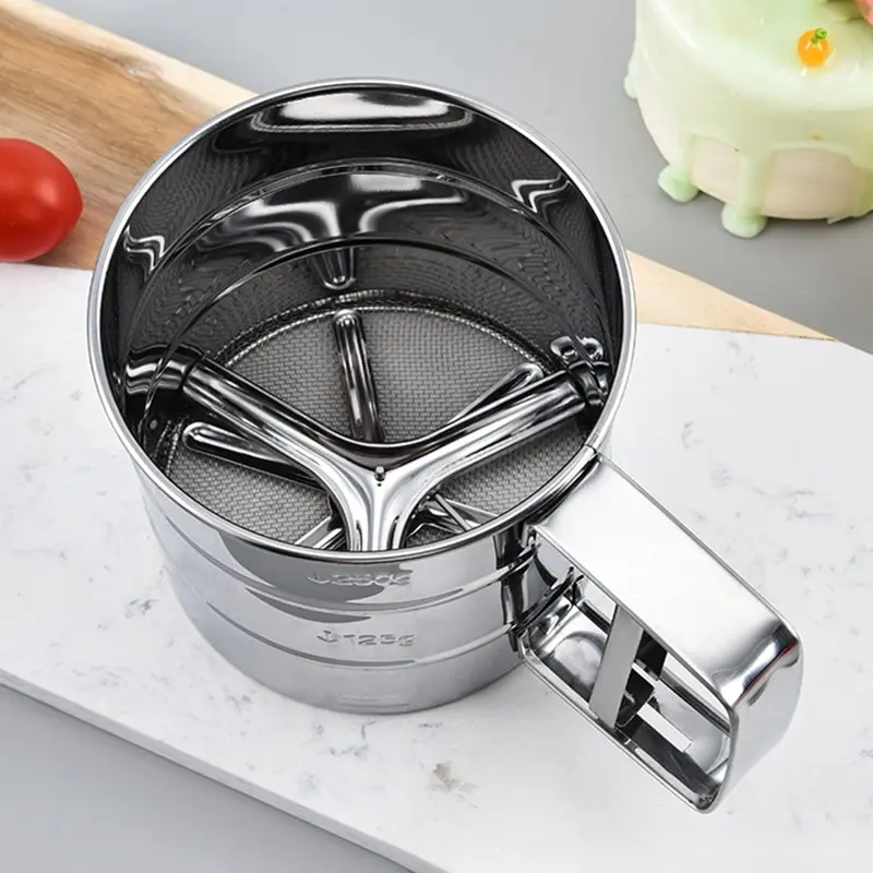 Stainless Steel Flour Sifter 1pc for Baking Powder Sugar Shaker Hand Press Design Fine Mesh Flour Sifter Sieve