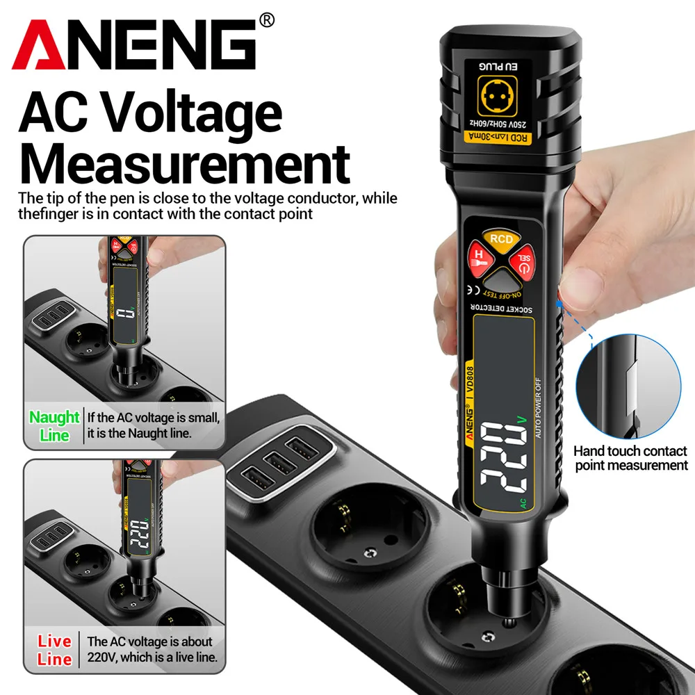 VD806 Tester Di Tensione AC/DC Senza Contatto: Rilevatore Per Prese E Cavi, Con Allarme Sonoro - 5