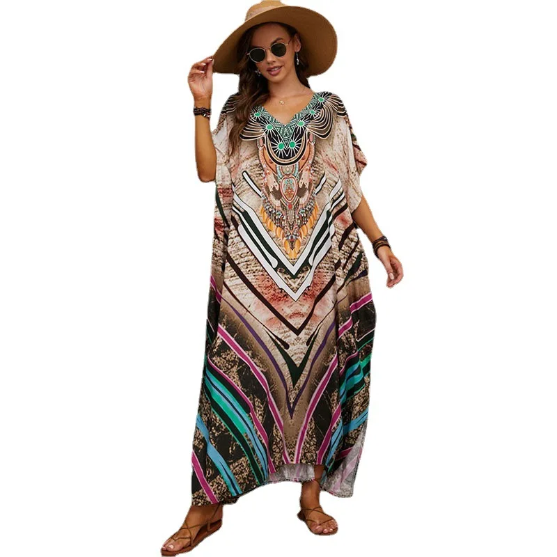 Boho Printed Long Kaftan PlusSize Women Summer Clothes Sexy Short Sleeve Maxi Dress Beach Wear Swim Suit Bikini Cover Up