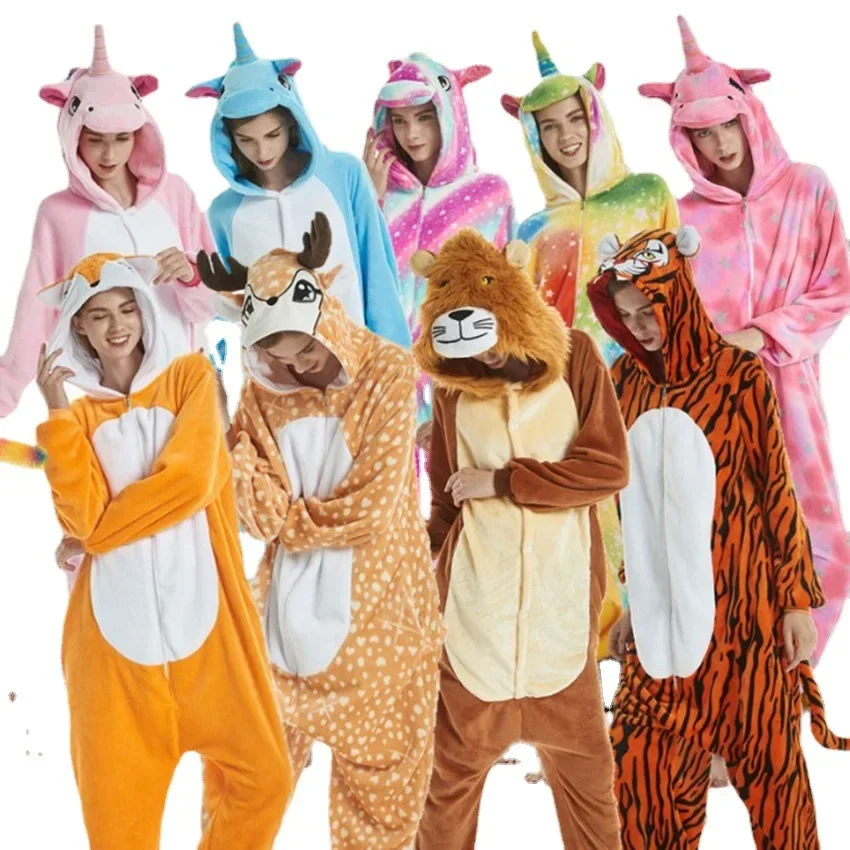 Adults Animal Onesies Unicorn Kigurumi Pajamas Sleepwear Women Men Winter Unisex Deer Costumes Kids Cartoon Flannel Pajamas