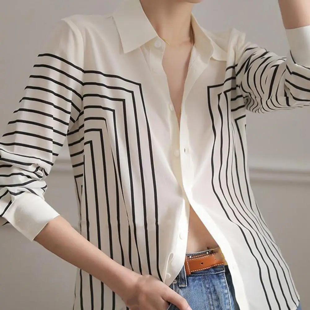 

Loose Fit Chiffon Top Elegant Striped Chiffon Shirt with Lapel Collar Long Sleeves Women's Loose Fit Single Breasted Blouse