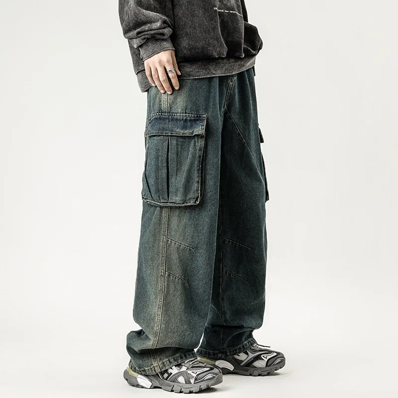 Fashion High Street Straight Multi Pocket Jeans Men's Autumn and Winter European Loose Wide Leg  cargo pants men baggy jeans